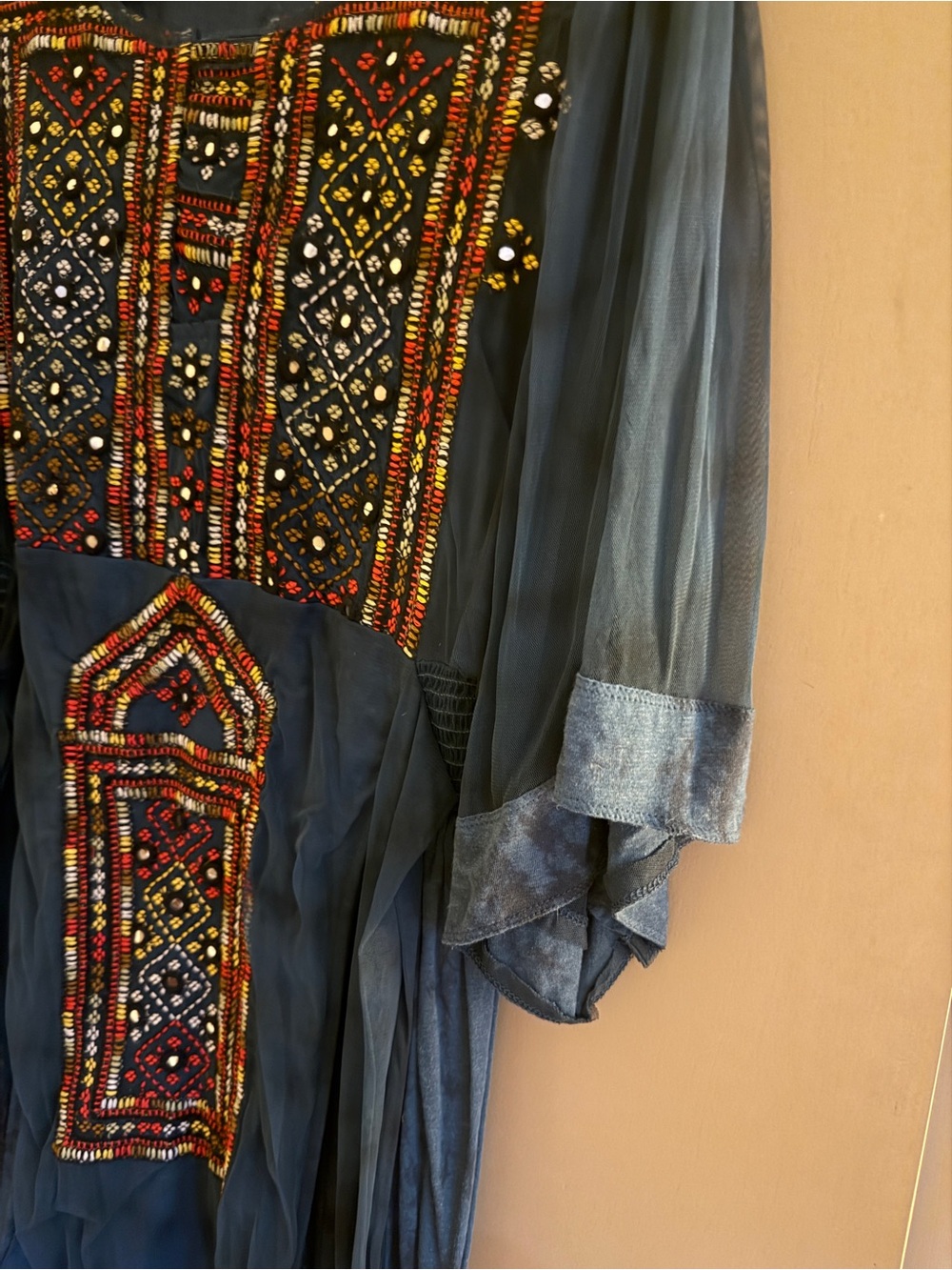 Free People Teal Embroidered Sheer Tunic with Multicolor Beading - Picture 6 of 7